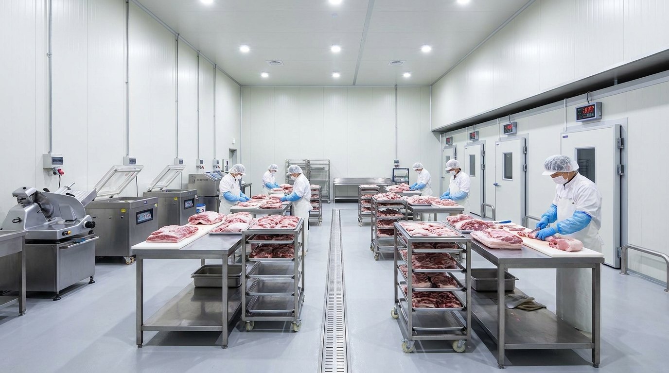 위생복과 장갑을 착용한 작업자들이 여러 작업대에서 한돈을 정형하는 부영미트 HACCP 저온 가공실
